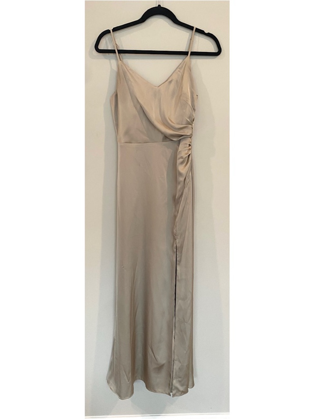 Birdy Grey Catherine Matte Satin Formal Maxi Dress Neutral Champagne Slit XS - Picture 3 of 7